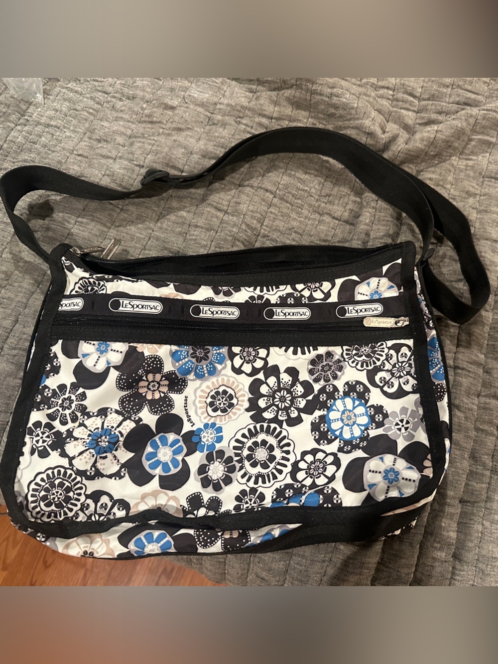 Lesportsac Black, White & Blue Floral Crossbody